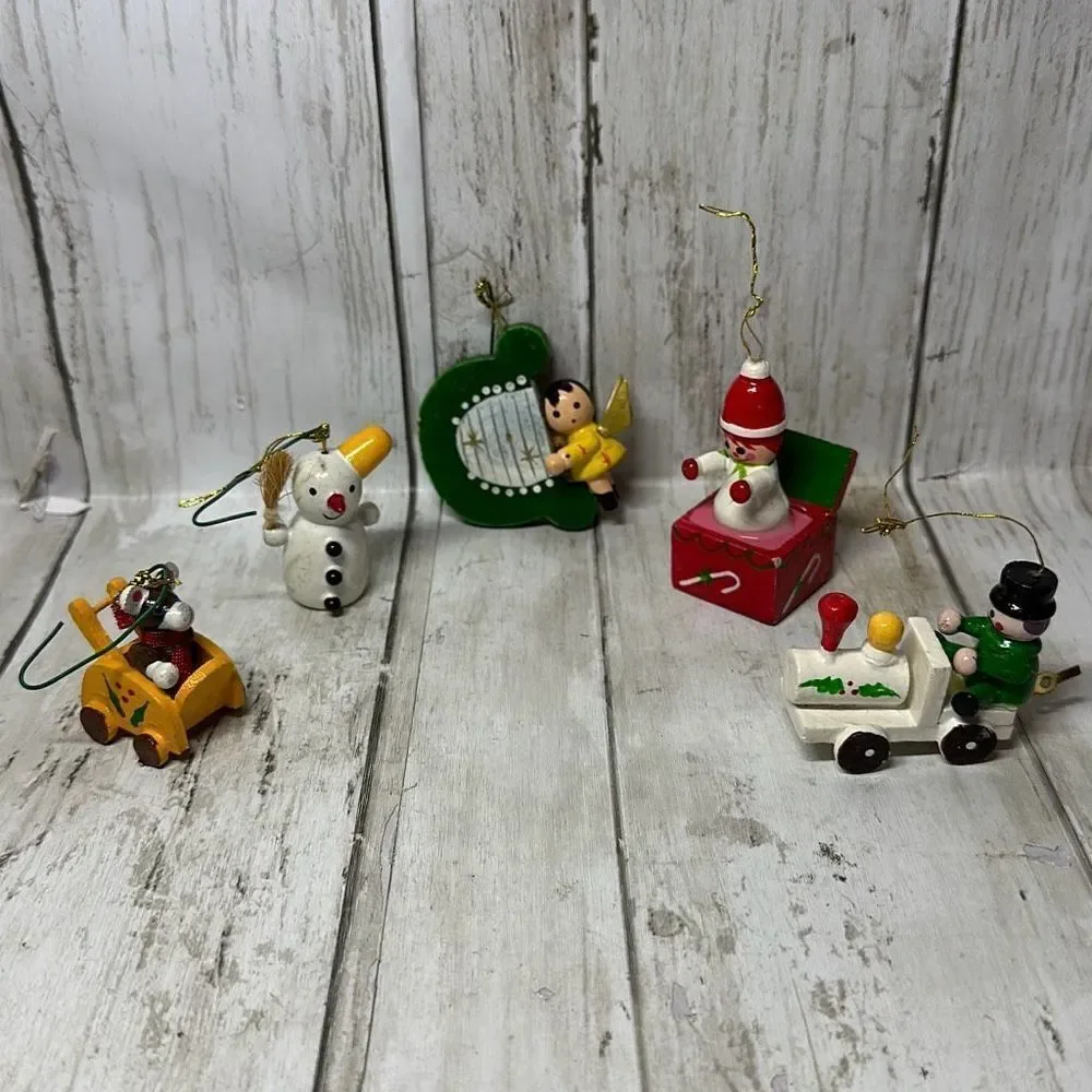 Vintage Wooden Christmas Ornaments set of 5 Snowman‎ Jack-in-the-box Train Harp